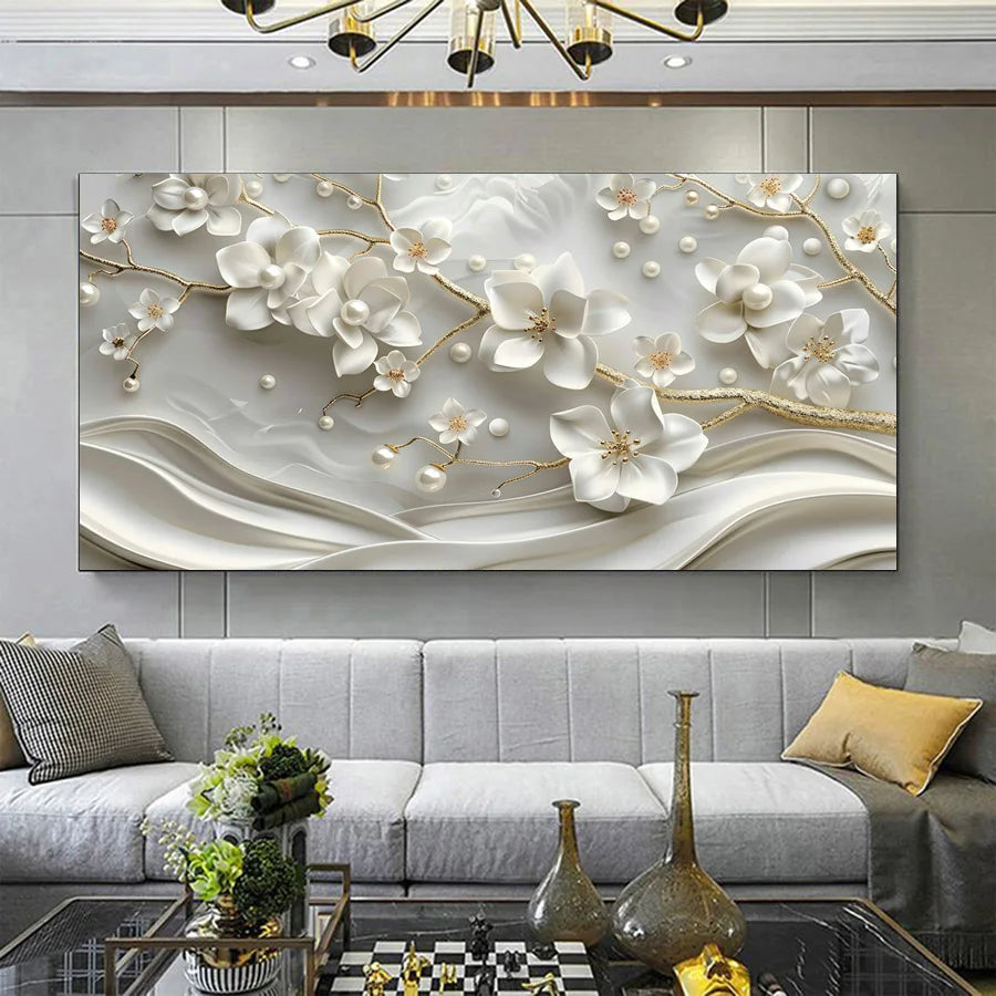 Large Abstract Floral Canvas – White Petal Wall Art for Living Room or Bedroom Décor