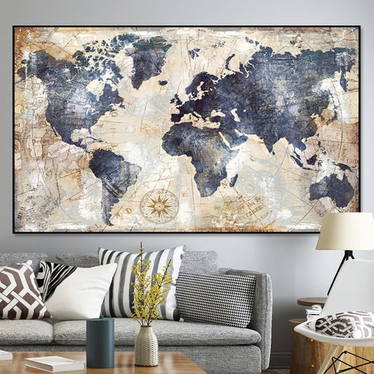 Large Format Rustic Vintage World Map Wall Art Fine Art Canvas Prints Pictures For Living Room Dining Room Home Office Art Decor