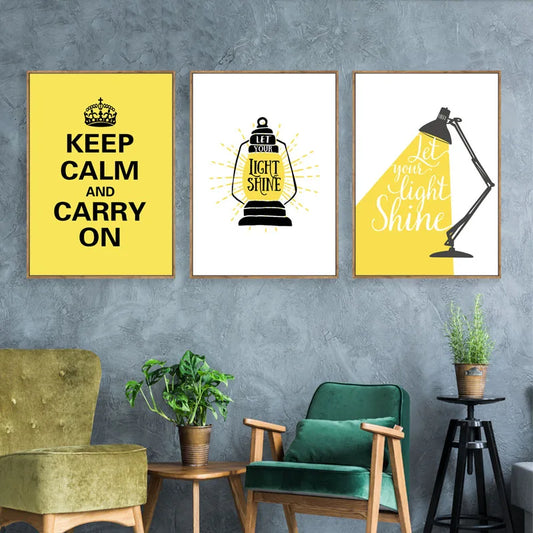 Let Your Light Shine Inspirational Quotes Wall Art Yellow Black Canvas Prints Daily Mantra Positivity Posters Pictures For Living Room Bedroom Study Room Art Decor