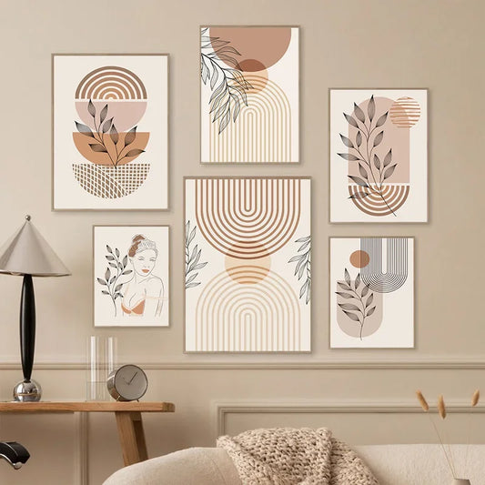 Light Beige Botanical Geometric Abstract Wall Art Fine Art Canvas Prints Gallery Wall Pictures For Living Room Dining Room Bedroom Art Decor