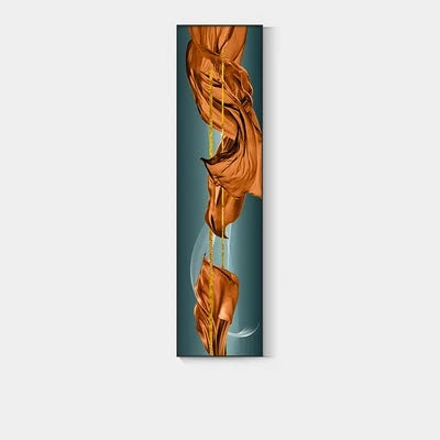 Light Luxury Abstract Golden Drapery Fine Art Canvas Prints Vertical Wall Art Pieces with Rich Amber Hues and Lustrous Orb for Modern Home or Office Decor