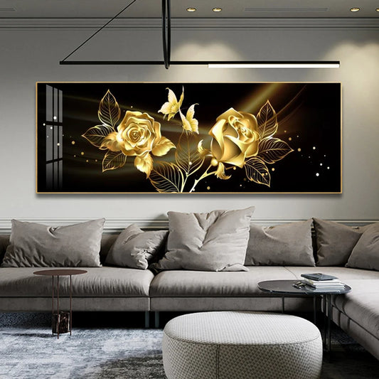 Light Luxury Black Golden Rose Floral Wall Art Fine Art Canvas Prints Wide Format Pictures For Above The Sofa Art For Above The Bed