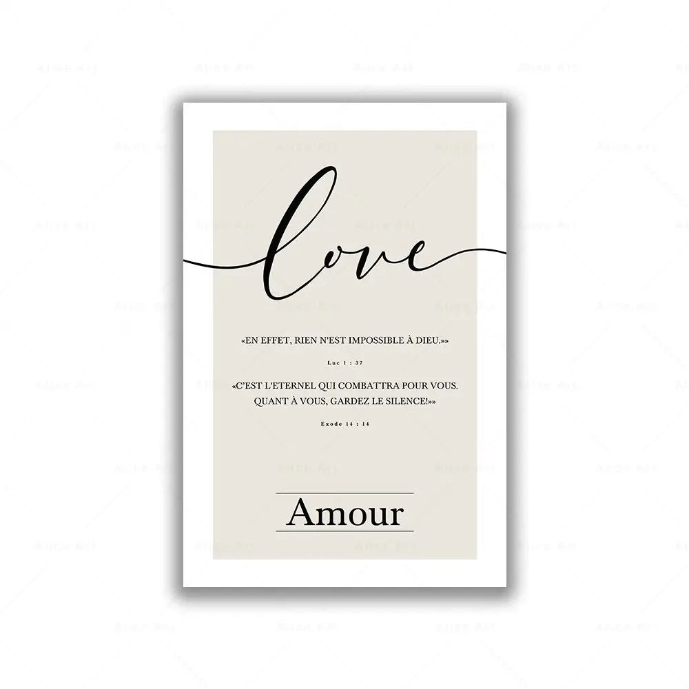Framed artwork with the word 'love' and French text on a beige background