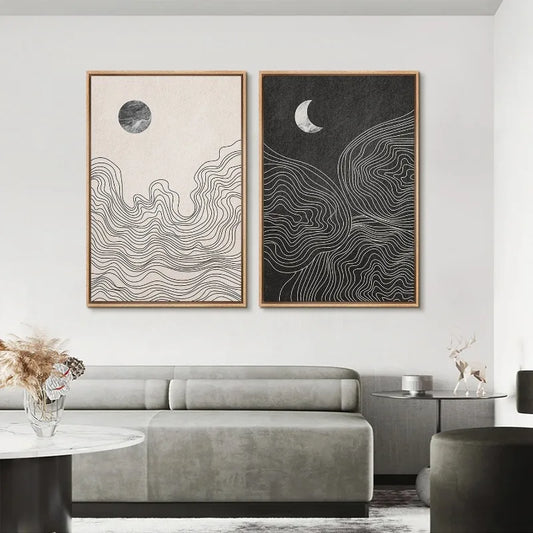 Minimalist Abstract Sun Moon Wall Art Fine Art Canvas Prints Neutral Color Pictures For Modern Apartment Living Room Bedroom Art Decor