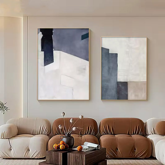 Minimalist Blue Beige Color Block Abstract Wall Art Fine Art Canvas Prints Pictures For Modern Apartment Living Room Home Office Art Decor