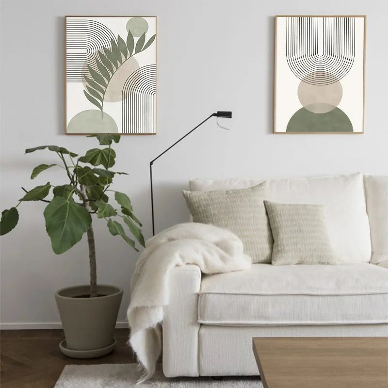 Minimalist Green Beige Neutral Shades Abstract Botanical Wall Art Fine Art Canvas Prints Pictures For Modern Apartment Living Room