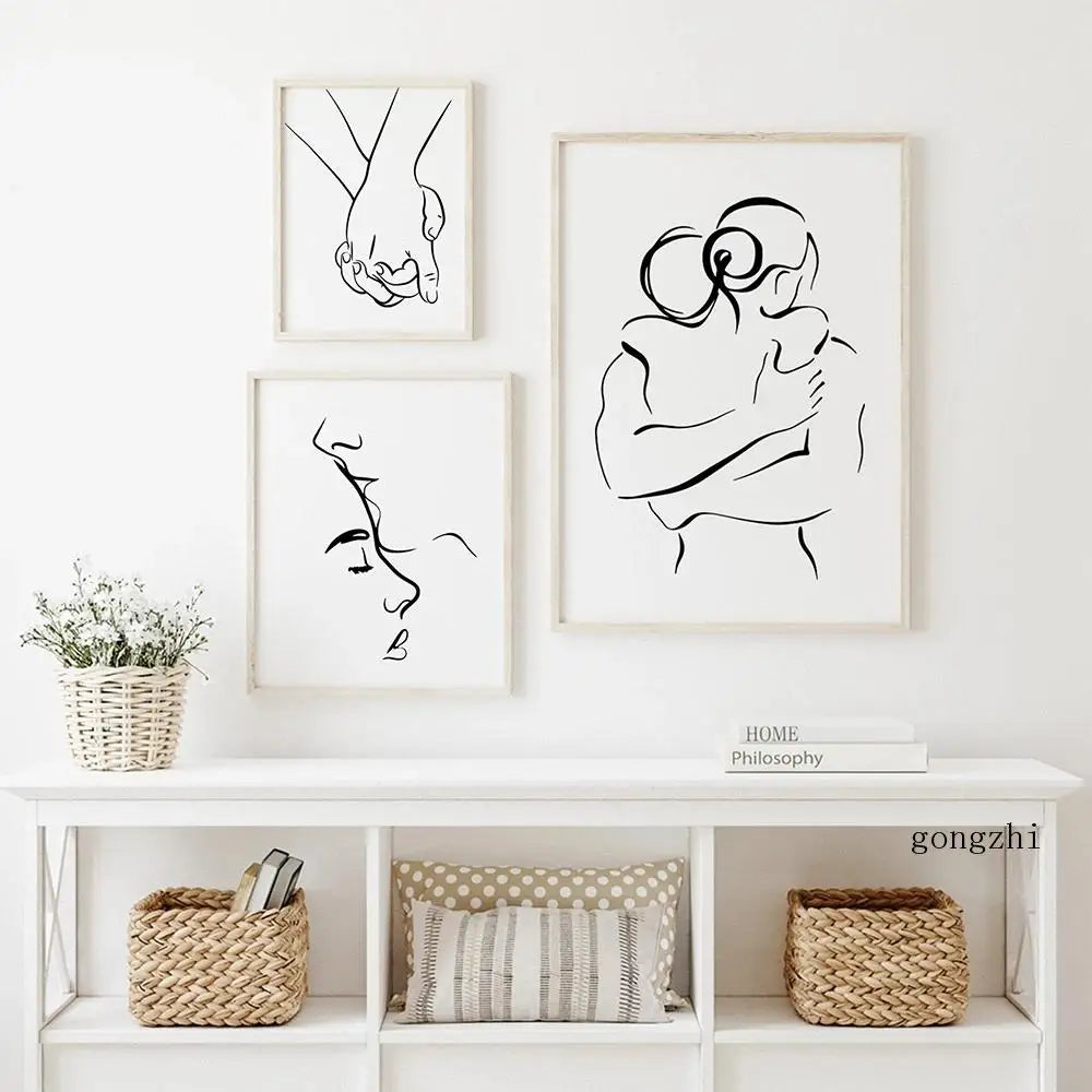 Minimalist Line Art Lovers Black White Wall Art Fine Art Canvas Prints Posters Pictures For Bedroom Living Room Romantic Couples Art For Modern Home Decor