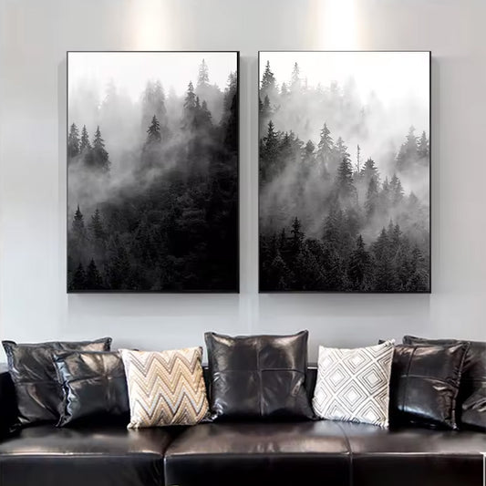 Misty Forest Poster Wall Art Fine Art Canvas Prints Black White Landscape Pictures For Living Room Dining Room Inspirational Home Decor