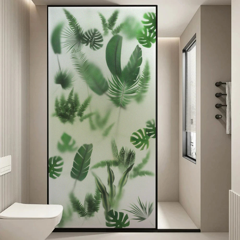 Misty Green Leaves Privacy Window Film For Bathroom Kitchen Foyer Office Removable Frosted Film For Glass Semi Transparent Peel and Stick Static Cling Technology