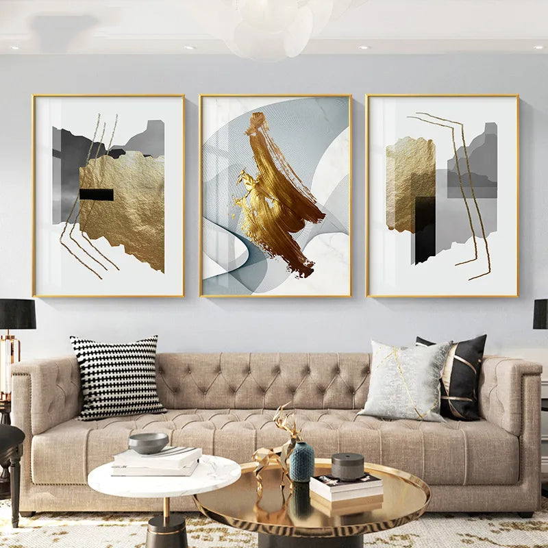 Modern Black Gray Golden Abstract Wall Art Fine Art Canvas Prints Pictures For Luxury Apartment Living Room Home Office Salon Art Decor