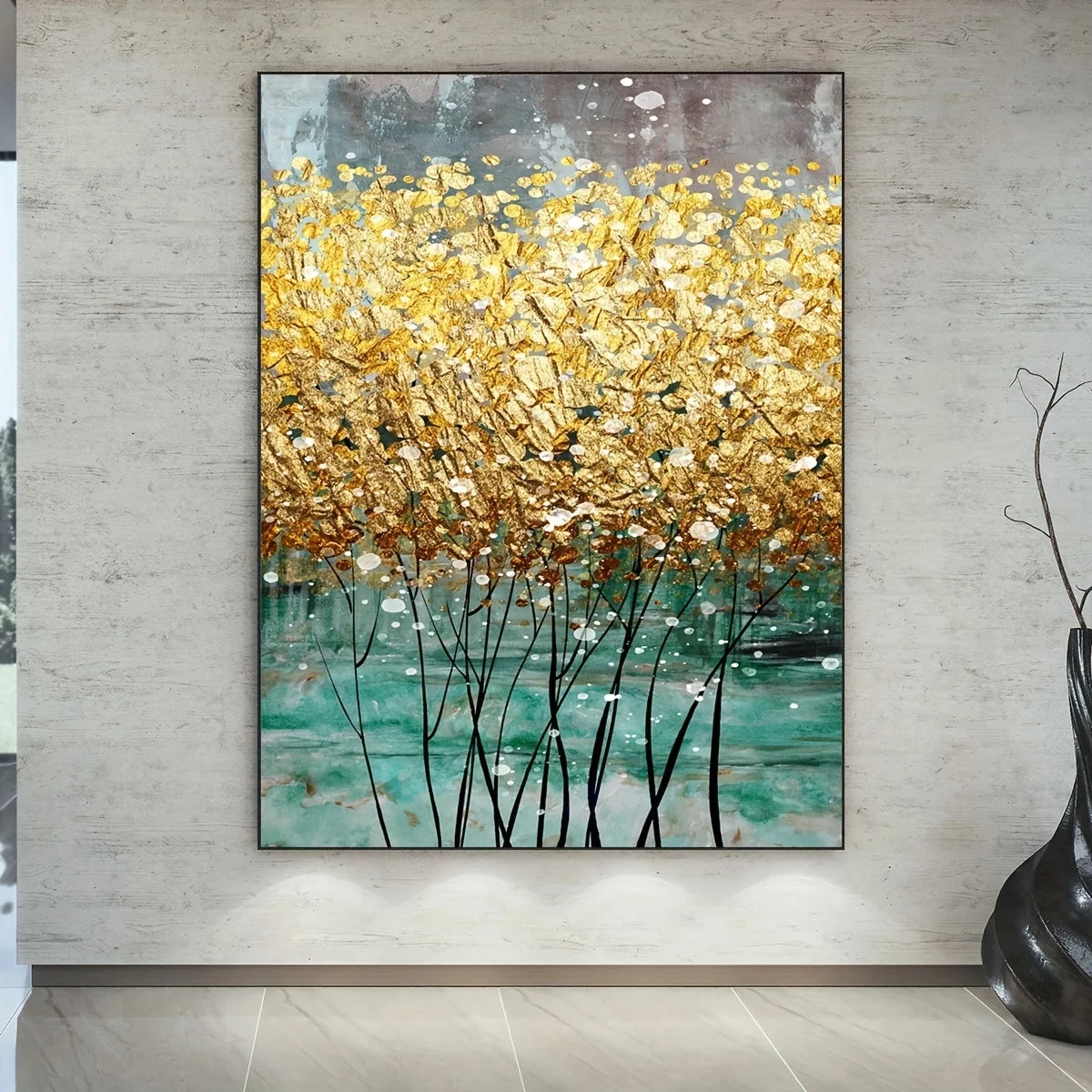 Modern Abstract Auspicious Golden Tree Wall Art Fine Art Canvas Print For Living Room Dining Room Home Office Decor