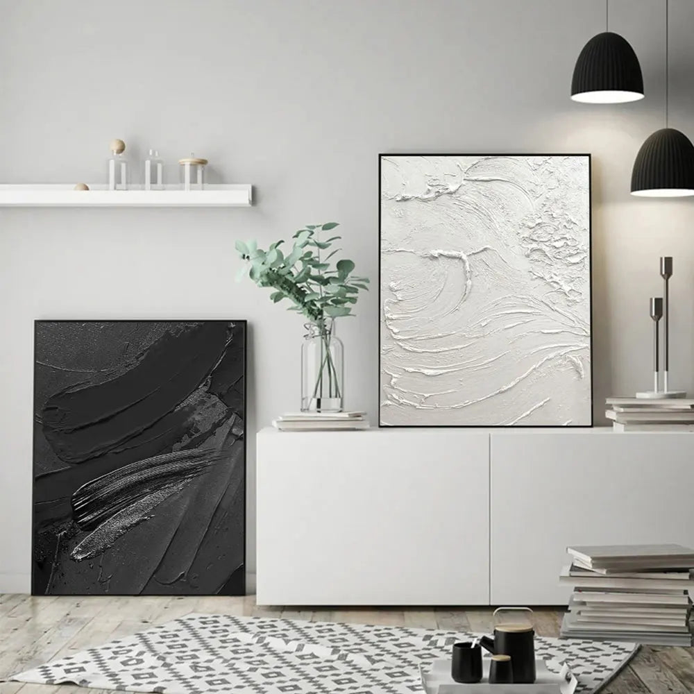 Modern Abstract Black & White Minimalist Wall Art Fine Art Canvas Prints Textural Design Pictures For Modern Loft Apartment Home Office Decor