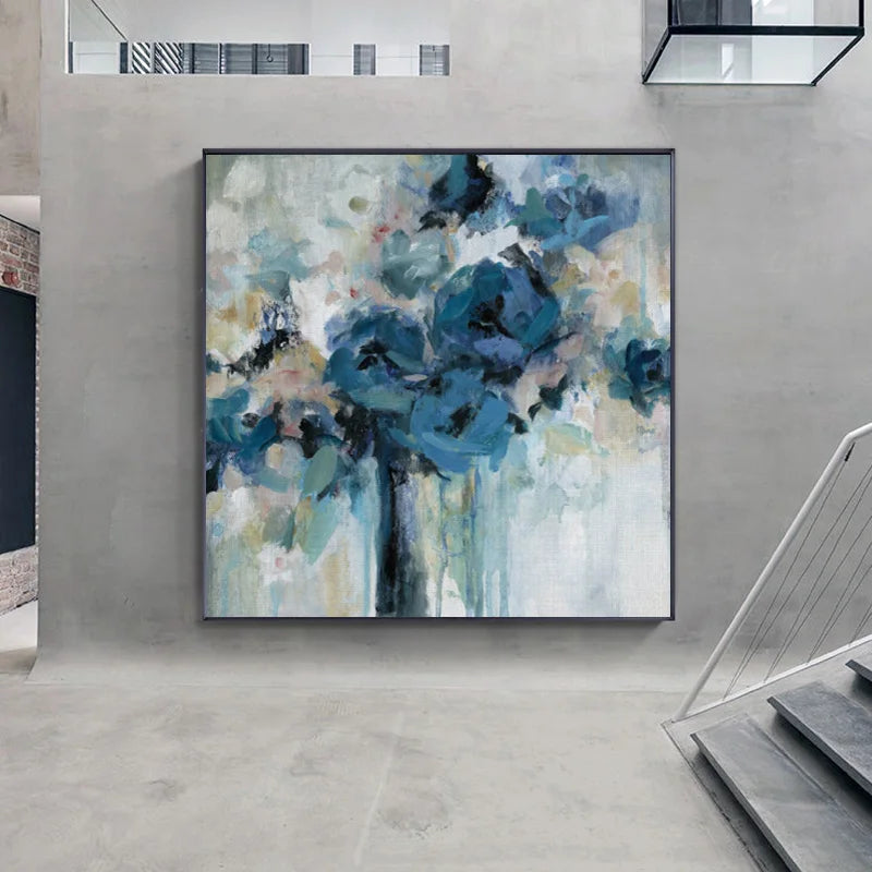 Modern Abstract Blue Floral Wall Art Fine Art Canvas Prints Square Format Pictures For Living Room Bedroom Art For Contemporary Interiors