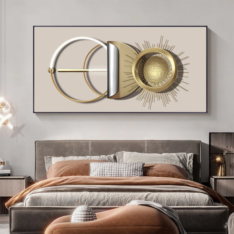 Modern Abstract Golden Sun Moon Wall Art Fine Art Canvas Prints 3d Visual Geometric Pictures For Luxury Loft Penthouse Home Office Decor
