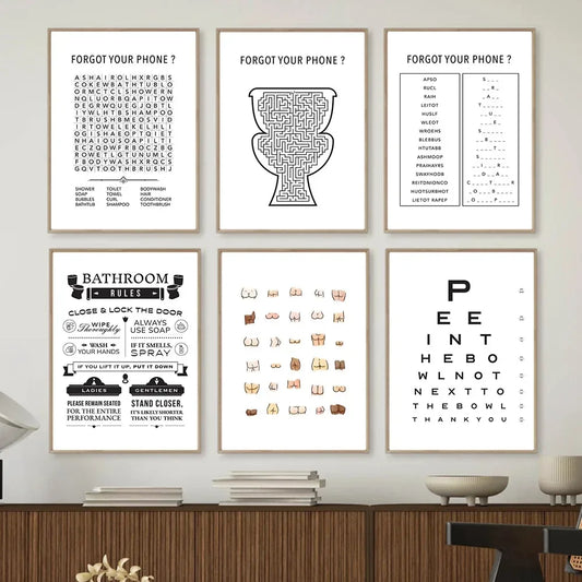 Set of six framed bathroom-themed prints on a wall.