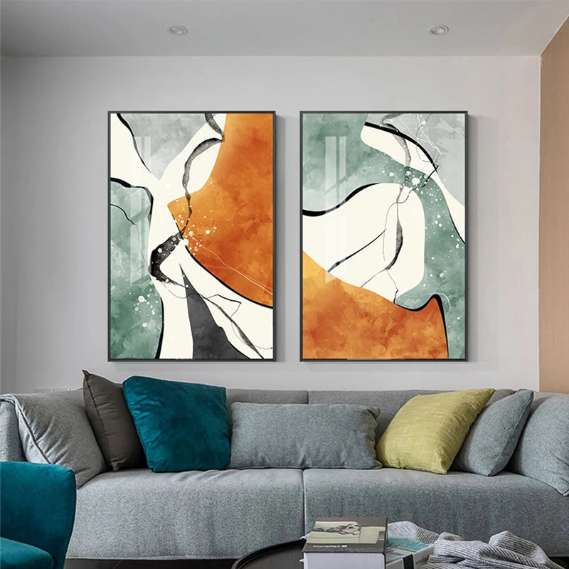Modern Color Schemes Nordic Abstract Wall Art Fine Art Canvas Prints Gray Orange Green Fluid Dynamic Pictures For Living Room Office Foyer Art Decor 001