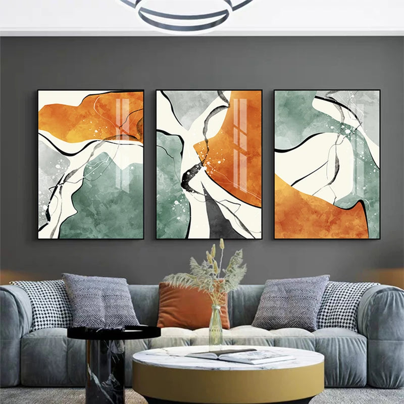 Modern Color Schemes Nordic Abstract Wall Art Fine Art Canvas Prints Gray Orange Green Fluid Dynamic Pictures For Living Room Office Foyer Art Decor 001