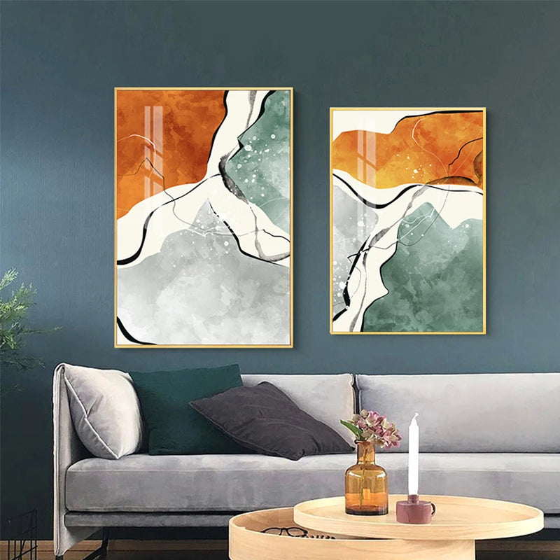 Modern Color Schemes Nordic Abstract Wall Art Fine Art Canvas Prints Gray Orange Green Fluid Dynamic Pictures For Living Room Office Foyer Art Decor
