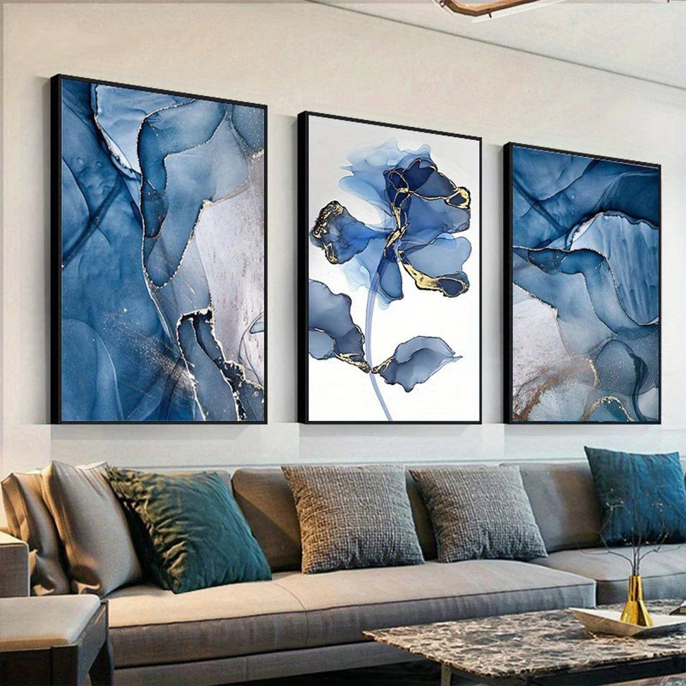 Modern Exotic Liquid Blue Marble Print Floral Wall Art Fine Art Canvas Prints Nordic Abstract Pictures For Living Room Hotel Room Art Decor