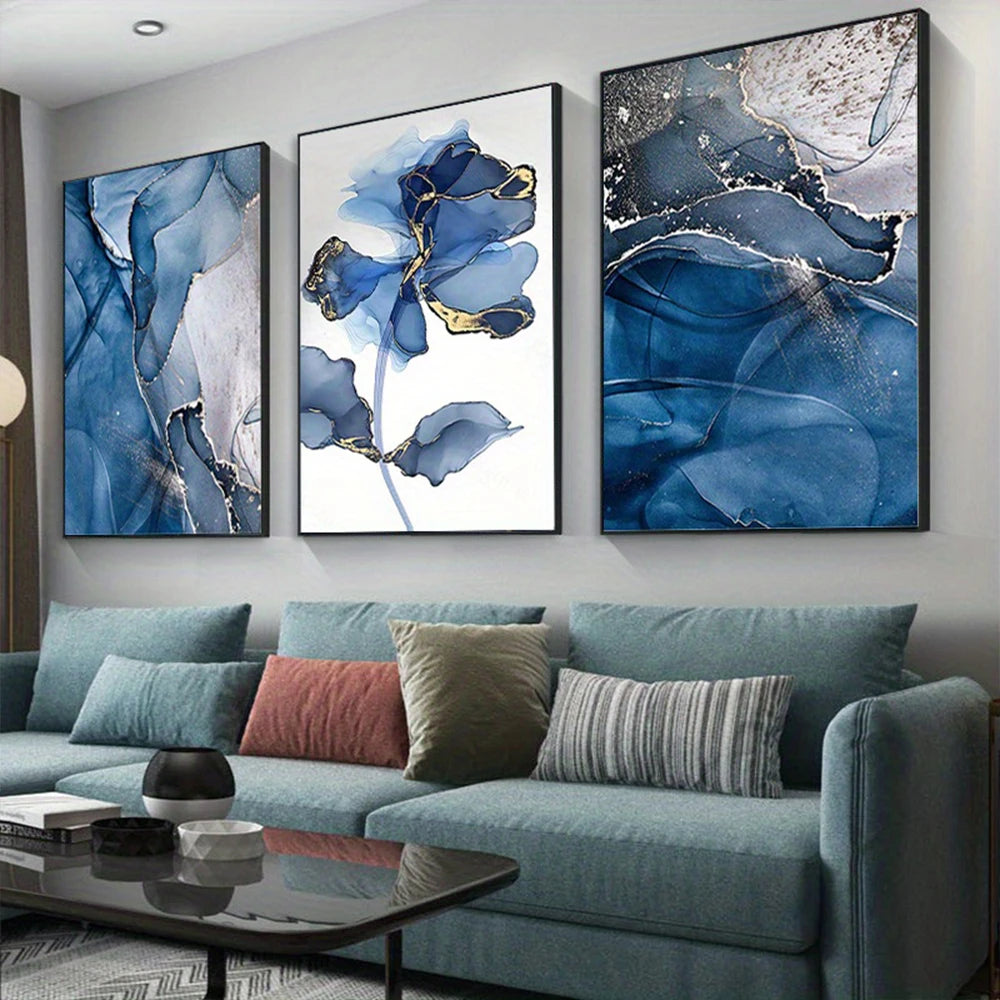 Modern Exotic Liquid Blue Marble Print Floral Wall Art Fine Art Canvas Prints Nordic Abstract Pictures For Living Room Hotel Room Art Decor