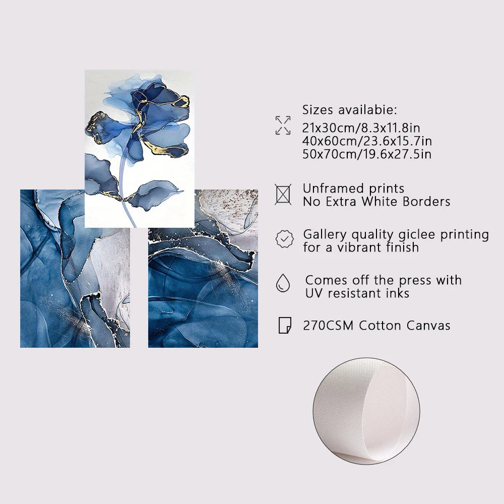 Modern Exotic Liquid Blue Marble Print Floral Wall Art Fine Art Canvas Prints Nordic Abstract Pictures For Living Room Hotel Room Art Decor