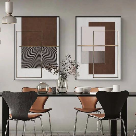 Modern Geometric Abstract Canvas Prints - Elegant Architectural Wall Art Featuring Circular Patterns, Vertical Lines and Shades Of Brown, Terracotta & Beige Golden Colored Accents