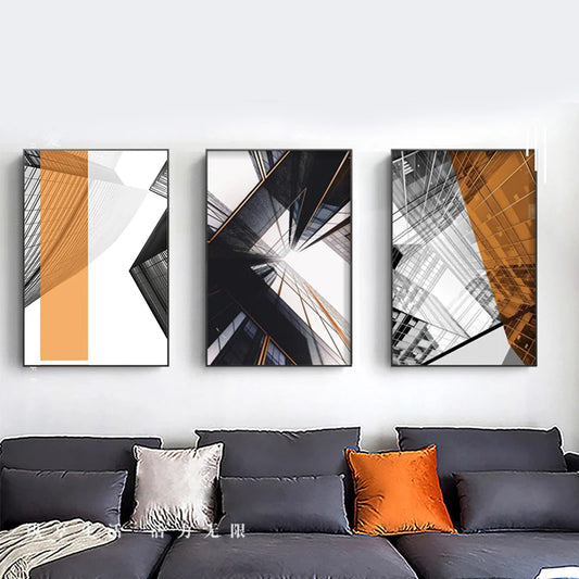 Modern Geometric Architectural Wall Art Fine Art Canvas Prints Black Gray Orange Abstract Pictures For Living Room Studio Home Office Art Decor