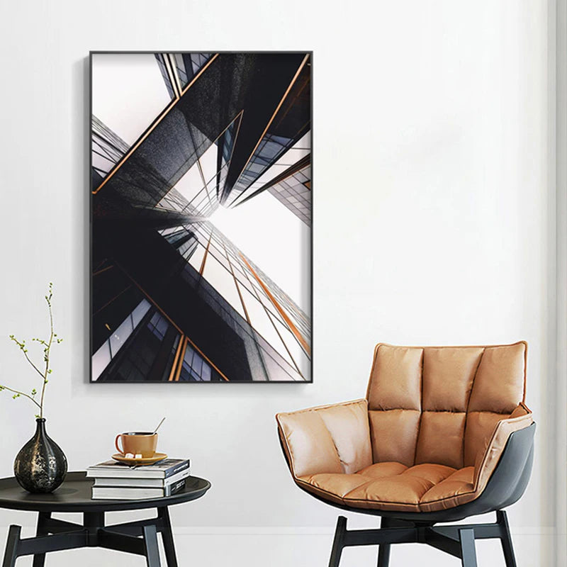 Modern Geometric Architectural Wall Art Fine Art Canvas Prints Black Gray Orange Abstract Pictures For Living Room Studio Home Office Art Decor