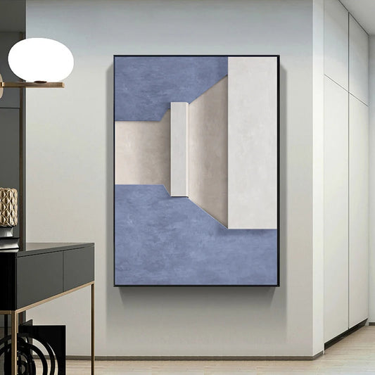 Modern Minimalist Abstract Geometric Canvas Print Wall Art - Three-Dimensional Design in Blue, Beige, and White - Contemporary Wall Art for Home or Office Decor