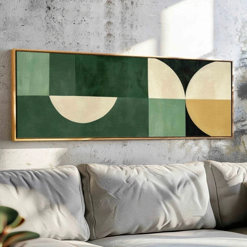 Abstract geometric painting on a wall above a sofa