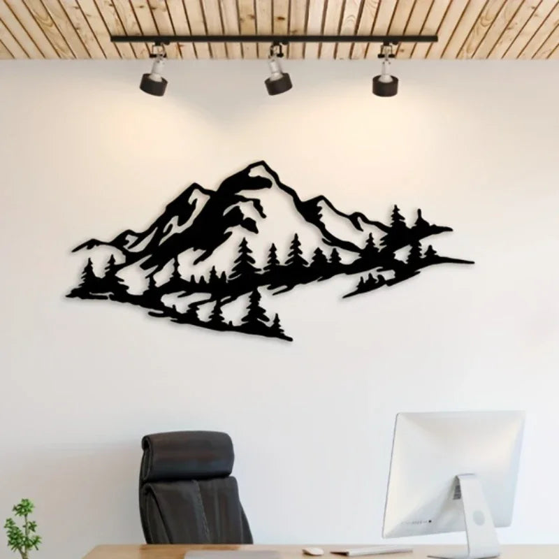 Mountain Landscape Black Metal Wall Art 3D Iron Craft Wall Mounted Art Installation For Living Room Dining Room Creative Nordic Home Decor