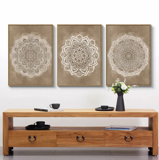 Neutral Colors Rustic Mandala Posters Fine Art Canvas Print Wall Art Pictures For Living Room Bedroom Art For Salon Spa Boutique Wall Decor