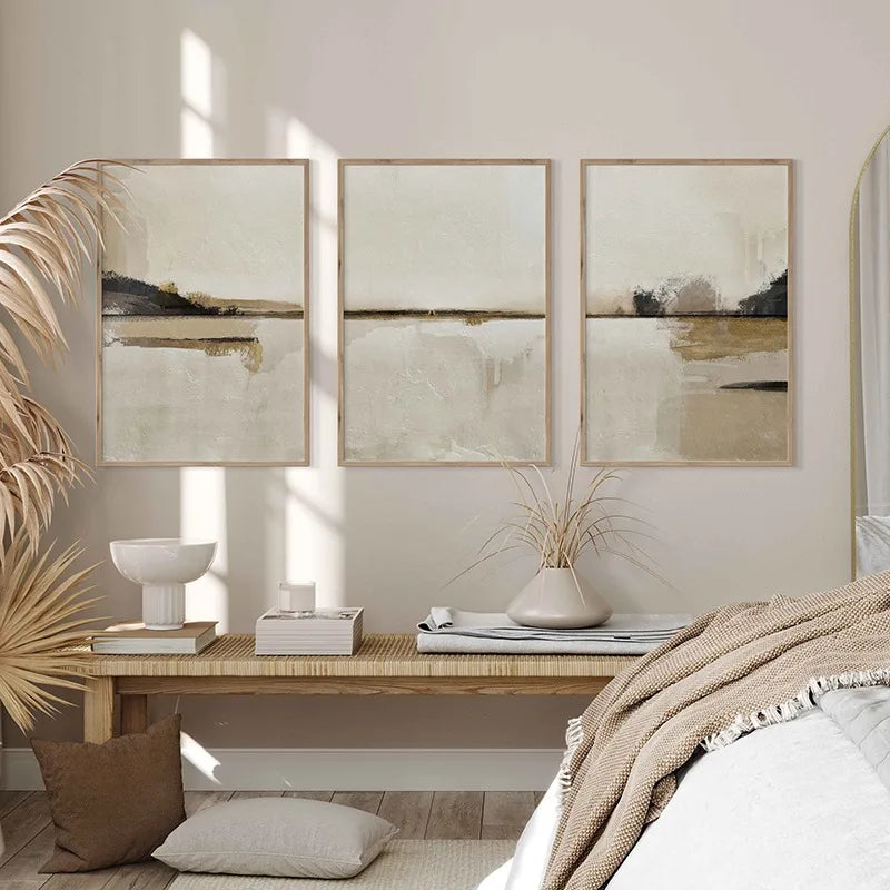 Neutral Tones Minimalist Abstract Landscape Wall Art Fine Art Canvas Prints Beige/Black Pictures For Living Room, Bedroom, Art For Contemporary Interiors