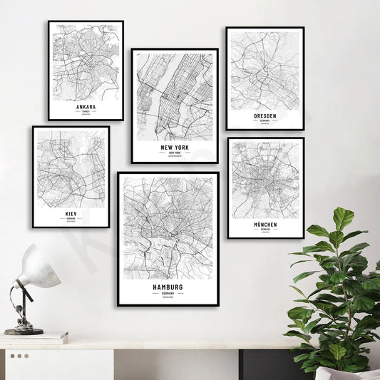 New York, Kiev, Hamburg, Berlin, Munich, Lisbon, Cologne, Dresden, Ankara, Las Vegas City Map Posters Wall Art Black White Fine Art Canvas Prints Stylish Minimalist Posters For Home/Office