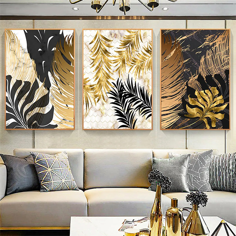 Nordic Tropical Gold Leaves Abstract Wall Art Posters Fine Art Canvas Prints Trendy Pictures For Modern Apartment Living Room Decor