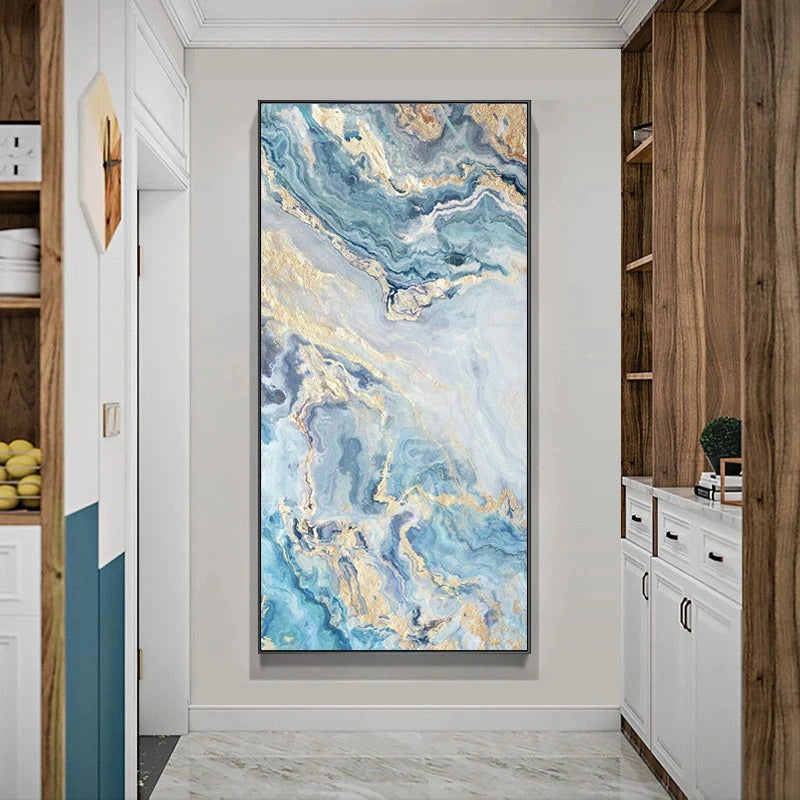 Nordic Aqua Blue Green Golden Liquid Marble Print Wall Art Fine Art Canvas Prints Pictures For Luxury Living Room Foyer Hotel Room Decor