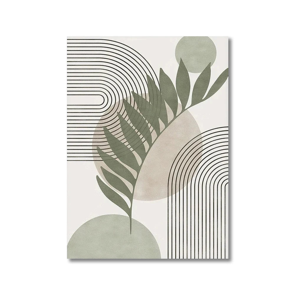 Abstract design with green leaves and geometric shapes on a white background