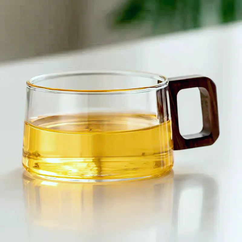 Nordic Glass Coffee Mug Tea Cup with Wooden Handle Set - Elegant Transparent Glass, Square Wooden Handle, Matching Spoon, and Optional Coaster