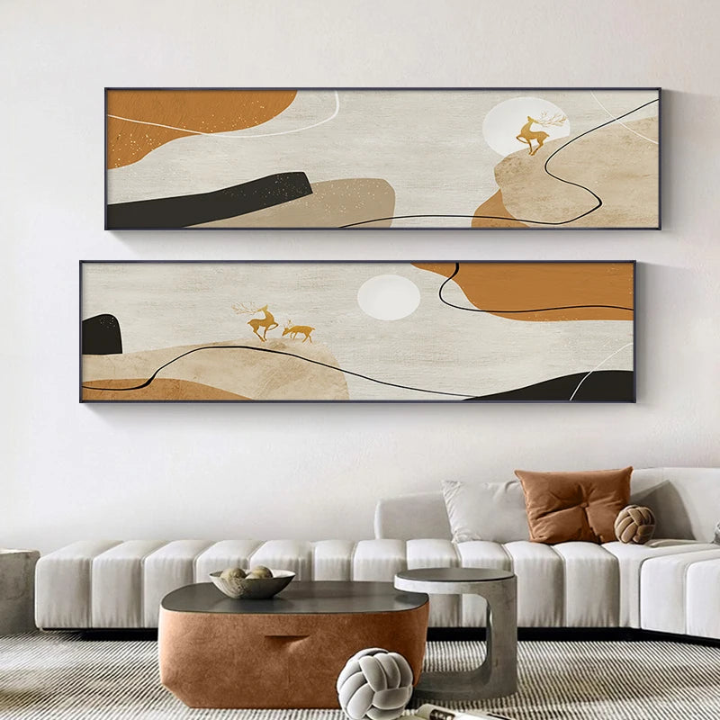Nordic Golden Deer Landscape Abstract Wide Format Wall Art Fine Art Canvas Prints Pictures Above The So fa Art For Above The Bed 2025 001
