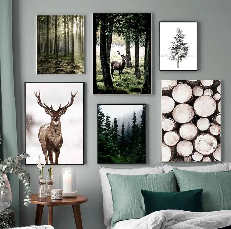 Nordic Winter Forest Deer Landscape Wall Art Fine Art Canvas Prints Gallery Wall Pictures For Living Room Dining Room Art For Scandinavian Home Decor