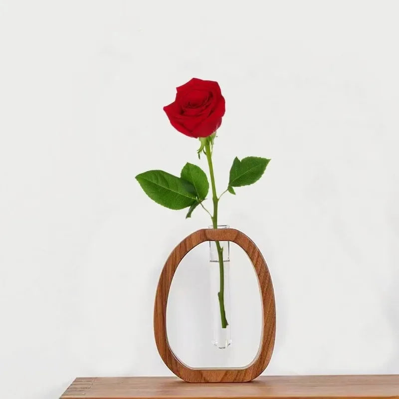 Nordic Wooden Frame Vase With Clear Glass Tube For Minimalist Floral Arrangements Modern Scandinavian Home Decor