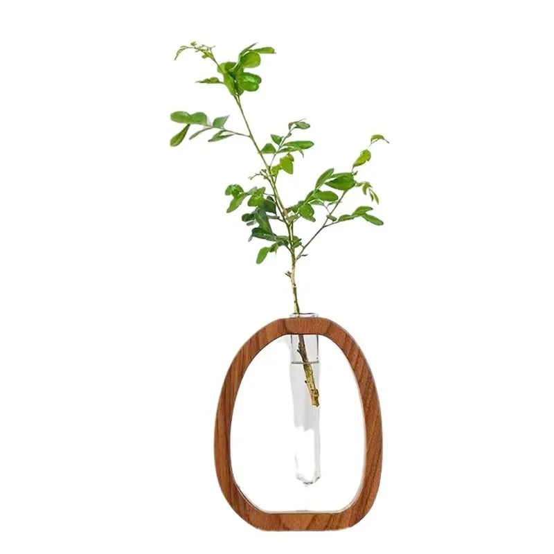 Nordic Wooden Frame Vase With Clear Glass Tube For Minimalist Floral Arrangements Modern Scandinavian Home Decor