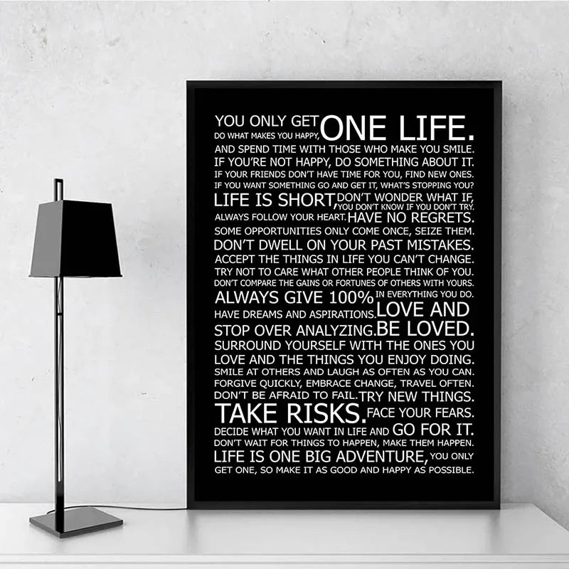One Life Inspirational Motivational Quotes Poster Black White Wall Art Fine Art Canvas Prints Daily Mantra Picture For Living Bedroom Study Room Home Office Art Decor