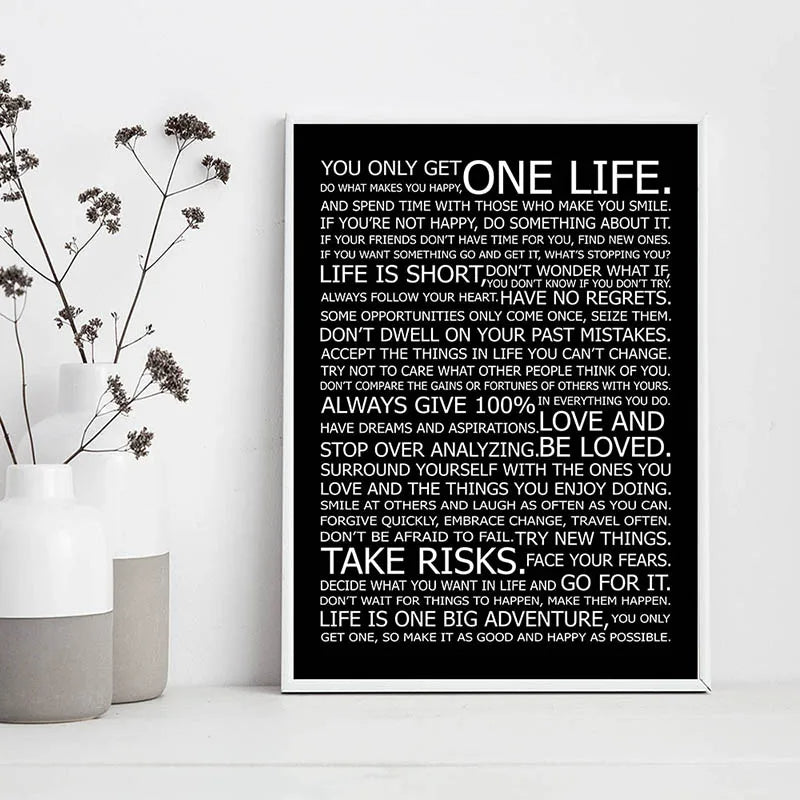 One Life Inspirational Motivational Quotes Poster Black White Wall Art Fine Art Canvas Prints Daily Mantra Picture For Living Bedroom Study Room Home Office Art Decor