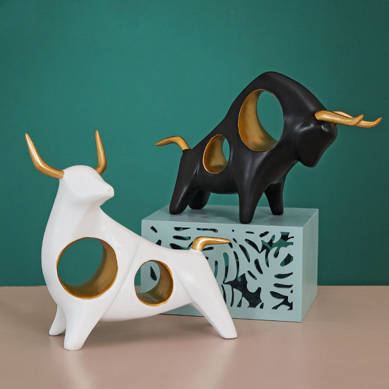 Ornamental Abstract Horned Bull Sculptured Cattle Gold White Jade Handicraft Sculpture Ornaments For Coffee Table Nordic Home Decor