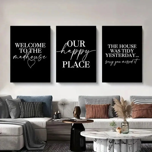 Our Happy Place Letters and Quotes Family Wall Art Fine Art Canvas Prints Simple Stylish Black White Posters Prints For Living Room Decor
