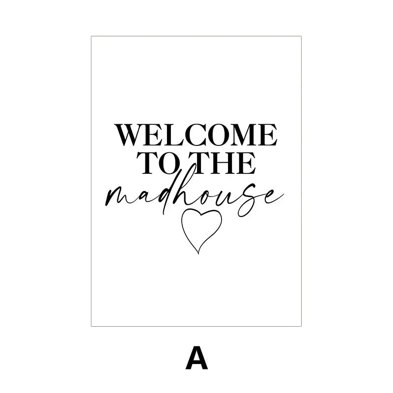 Text 'WELCOME TO THE madhouse' with a heart symbol on a white background