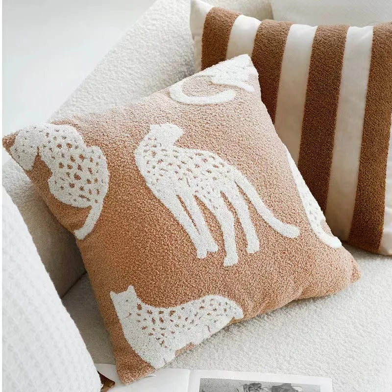 Plush Embroidered Nordic Cushion Covers Modern Simple Woven Cute Animal Design Throw Pillow Cover For 45x45cm Sofa Cushions