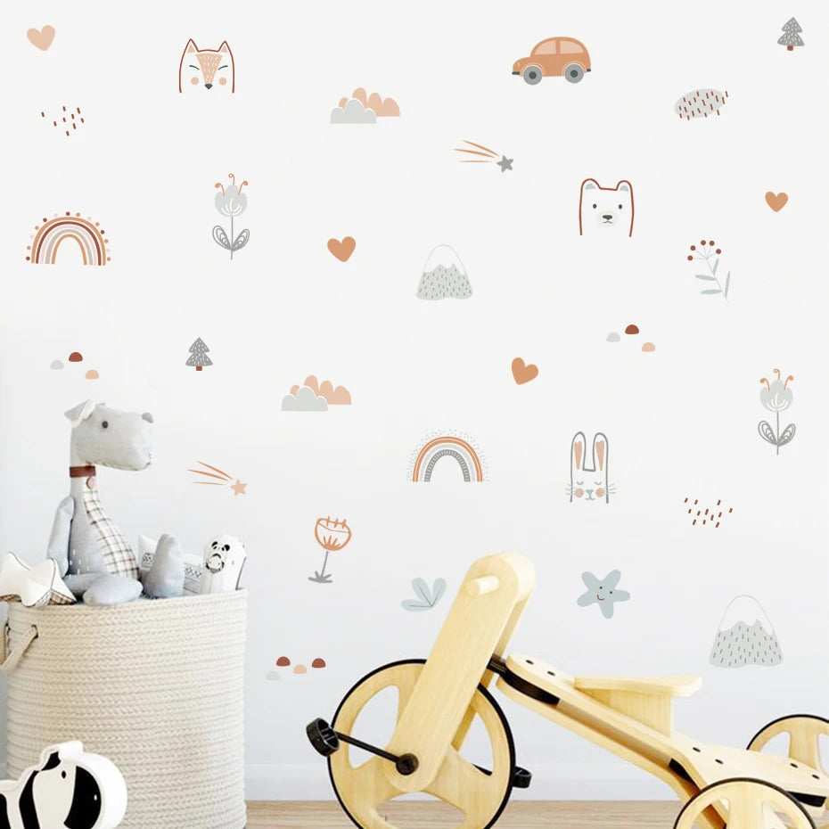 Children's room with wall stickers, a toy basket, and a wooden toy on a light-colored floor.
