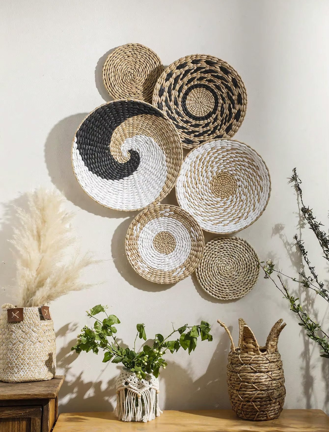 Rustic Nordic Farmhouse Handmade Wicker Weave Discs Wall Hanging Decorations Table Mats For Kitchen Living Room Coffee Table Dining Room Home Decor